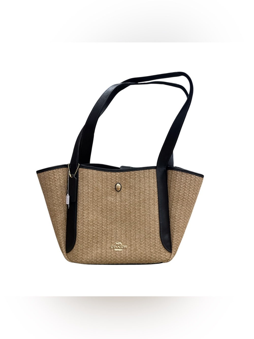 Coach Natural Straw Tote with Black Trim and Long Straps